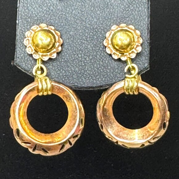 Vtg Hoop Van Dell 12K Gold Filled ClipOn Screwback Earrings Etched Flower Dangle - Picture 1 of 6